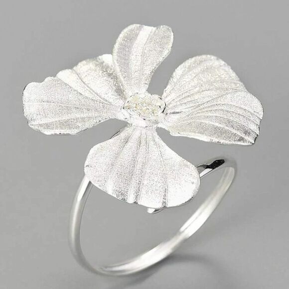 Solid 925 Sterling Silver Hypoallergenic Adjustable Open Peony Ring - Picture 1 of 3